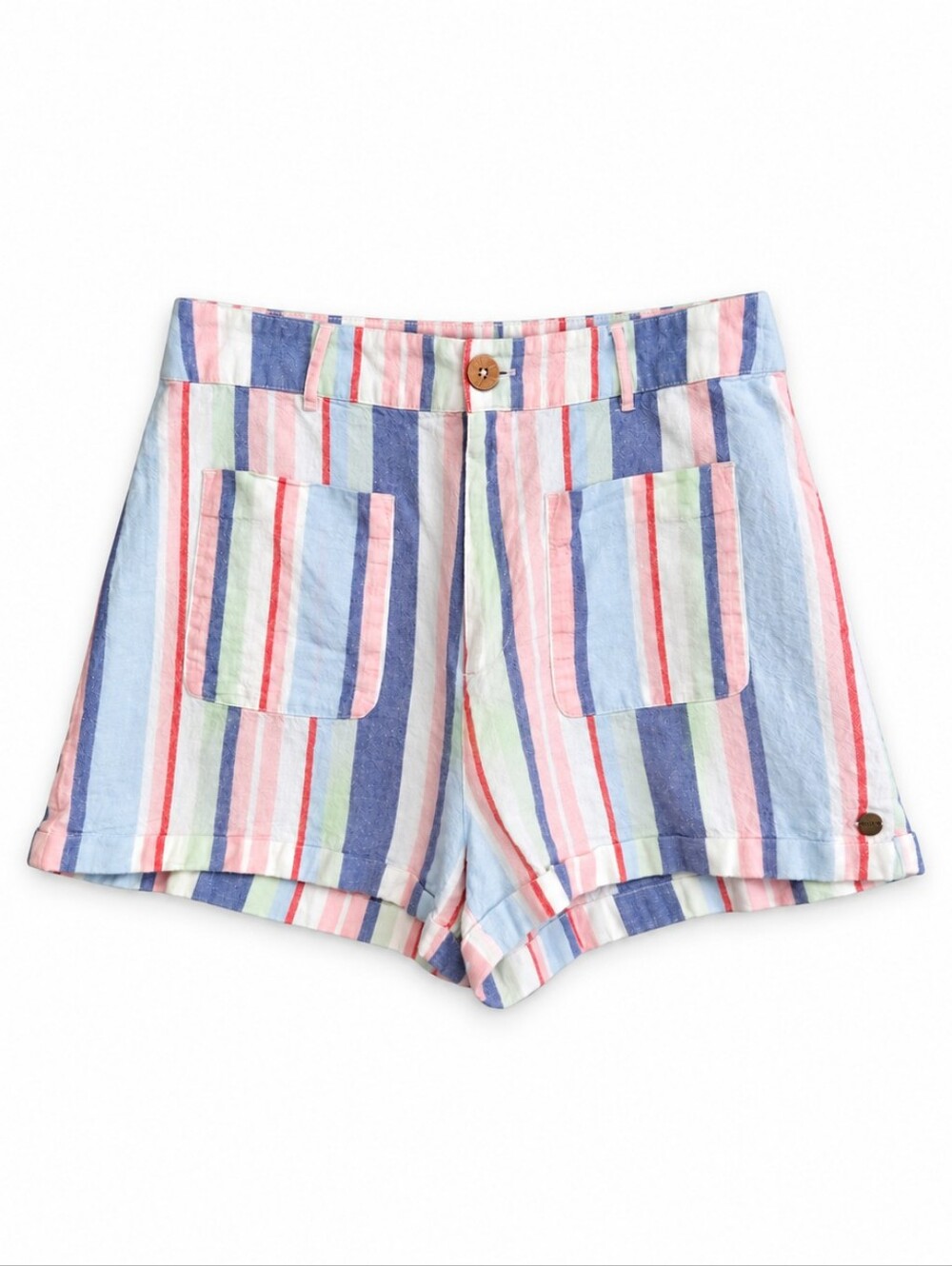 Roxy Women’s Large Pastel Striped Cotton Linen Shorts Patch Pockets